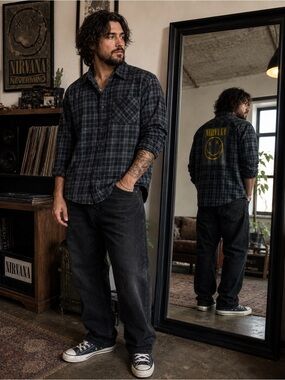 Trashion - Gray Black Plaid - Upcycled Nirvana Button Up Shirt- M